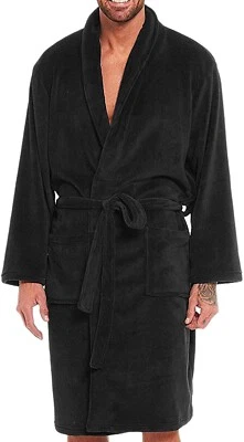 UK DISPATCH Mens Size L Black Warm Comfort Fleece Dressing Gown Shawl Collar Big Guys Robe