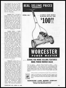 1949 Worcester Chicopee Falls MA Model 850 Power Master 100 USD Kosiarka Reklama drukowana