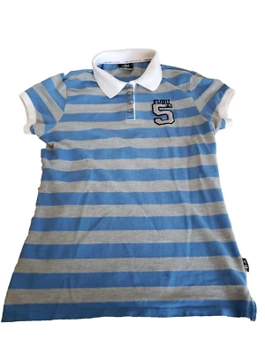 Camisa Polo a Rayas Colección FUBU, Azul Claro/Gris Logo Bordado Niños Talla XL Foto 1 de 4
