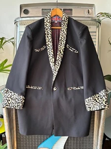 TEDDY BOY DRAPE JACKET . BLACK WITH LEOPARDSKIN VELVET ROLL COLLAR . SIZE 44 . - Picture 1 of 13