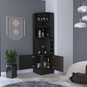 Corner Wine Bar Cabinet for Liquor and Glasses Wine Racks with 2 Doors - Picture 1 of 7