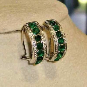 14K White Gold Plated 2.20Ct Round Cut Simulated Green Emerald Hoop Earrings - Picture 1 of 3