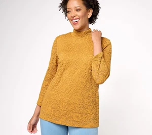 Susan Graver OCCASIONS Stretch Lace Mock-Neck 3/4 Arm Shirt Golden Jewel M Ne - Bild 1 von 4
