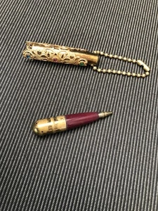 Vintage Miniature Ballpoint Pen Ornate Filigree Jewelled Brass Case + Keychain - Picture 1 of 6