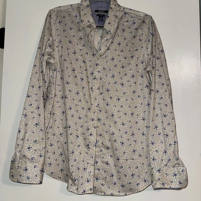 CHAPS No Iron Shirt Womens Medium Blue Tan Flora  Button Down Top Ralph Lauren - Image 1 of 4