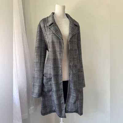 Common Crush Black & White Plaid Houndstooth Longline Open Front Blazer - Imagem 1 de 4