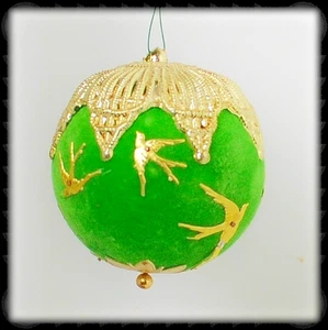 Vintage Green Flocked Ornament with Machine Made Gold Birds & Top/Bottom | VG+ - Picture 1 of 5