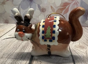 Christmas Cat Ornament ~ Ceramic 4” ~ Reindeer Suit ~ Bobble Head - Picture 1 of 5