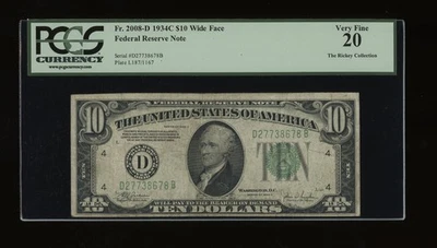 DBR 1934-C $10 FRN Cleveland Wide Fr. 2008-Dw PCGS VF-20 Serial D27738678B - Image 1 of 2