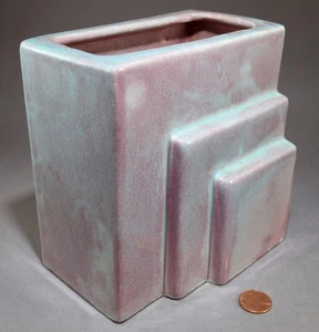 VINTAGE MCM ART DECO WEST COAST POTTERY STEPPED VASE PLANTER MOTTLED TURQUOISE & - Picture 1 of 7