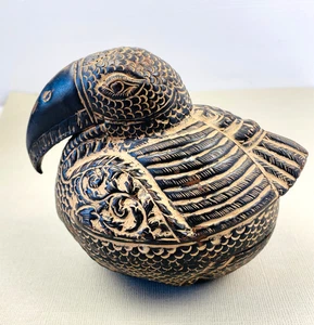 Vintage Indian Parrot Trinket Box Cast Metal Bird Container Black & Gold 11cm - Bild 1 von 9