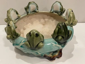 Maceta de cerámica redonda estilo mayólica 7 ranas cuenco turquesa marrón esmalte por goteo - Imagen 1 de 5