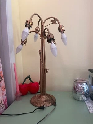 Vintage flower lamp with dragon fly details. Has been repainted gold. - Image 1 of 4