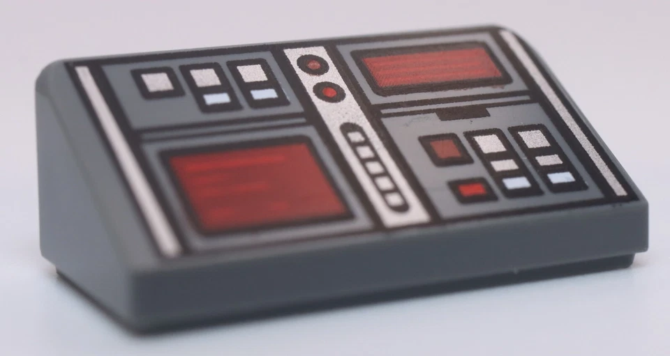 Lego 2x Dark Bluish Gray Slope 30 1 x 2 x 2/3 with Red White & Silver Buttons - Image 1 of 1