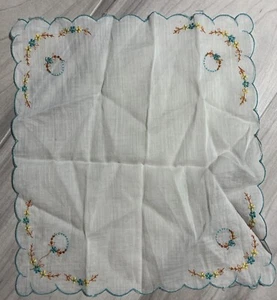 White with Blue Embroidered Flowers Vtg Hankie Handkerchief 10”x 11” Dainty - Picture 1 of 3