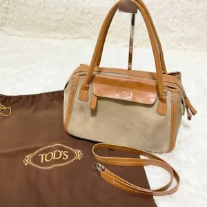 TOD'S Handbag Tote Bag Shoulder bag Brown Suede/Leather Logo Japan F/S USED - Picture 1 of 24
