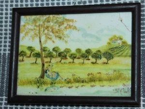 VINTAGE Hand Painted Tile FRENCH Signed PEASANT & ORCHARD - Picture 1 of 4