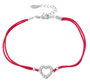 Heart Bracelet with Zirconia Crystals Studs Cord Red Silver New - Picture 1 of 4