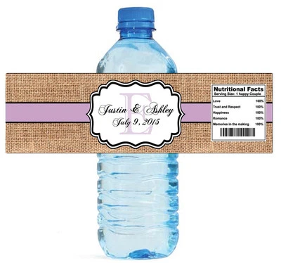 100 etiquetas de botellas de agua de ducha de boda a rayas lila arpillera boda fiesta nupcial Foto 1 de 4