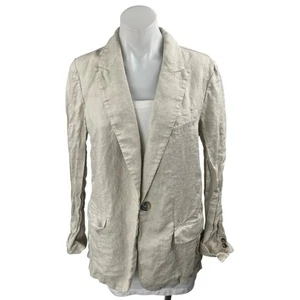 Zara Linen Beige Tan One Button Notch Collar Long Sleeve Blazer Coat Jacket XS - Picture 1 of 3