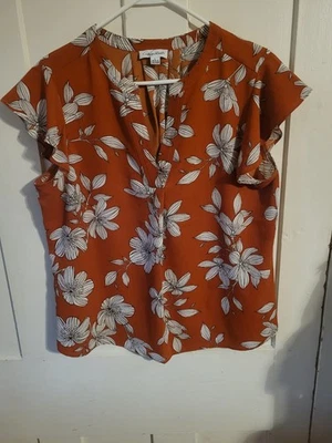 Блузка женская Calvin Klein оранжевая с цветочным рисунком с v-образным вырезом короткий рукав размер большой L - Изображение 1 из 3