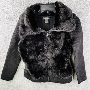 White House Black Market Jacket Womens M Black Wool Blend Faux Fur Full Zip - Picture 1 of 10