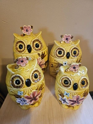 Rare Vintage Napcoware  1960s - 70's Yellow Porcelain Owl Canisters C-7812 - Image 1 of 4