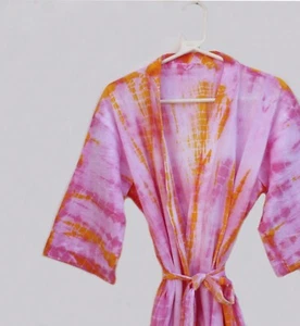 Baby Pink Tie & Dye Kimono Hand Dye Kimono Bathrobe Lounge Wear Night Wear Robe - Picture 1 of 3