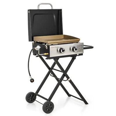 Plancha de parrilla de gas portátil con patas plegables/estante lateral plancha de 2 quemadores superior plana Foto 1 de 4