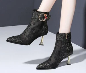 Womens Sexy Pointy Toe Flowers Buckle Strap Tulle Ankle Boots Sexy High Heel TK - Picture 1 of 15