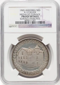 ANDORRA 1965  50 DINERS MEDALLIC SILVER COIN, NGC CERTIFIED "PROOF DETAILS" - Picture 1 of 2