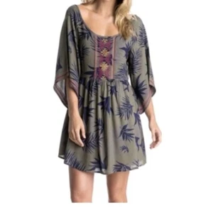 Roxy tropical floral scoop neck short sleeve embroidered flare mini dress size S - Picture 1 of 9