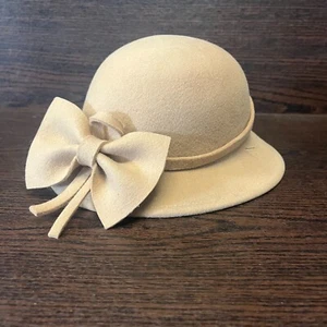 Vintage Fashion Bucket Hat Women Beige Suede Wool Decor Bowknot Fitted Wide Brim - Picture 1 of 8