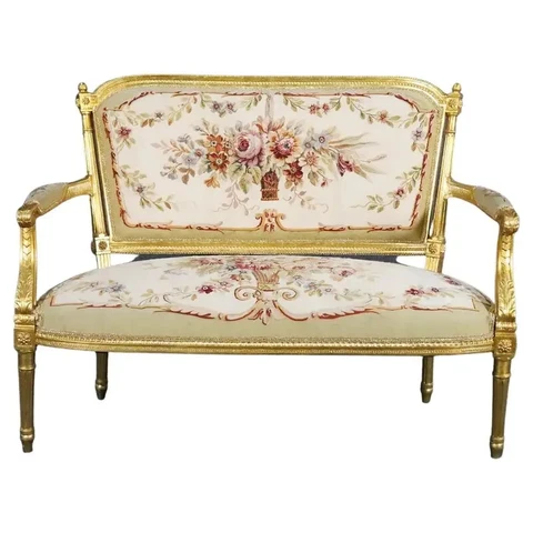 Louis XVI Gilded French Aubusson Upholstered Canape Settee Circa 1920s Cover