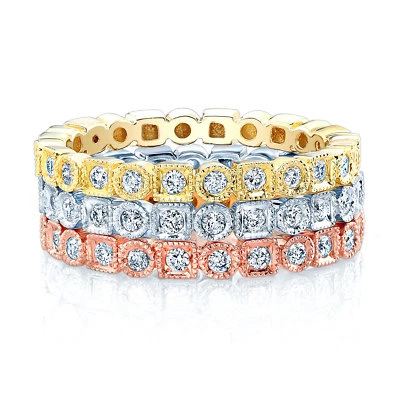 14K Tri Color Gold Diamond Stackable Rings Beaded Milgrain Antique Band Womens - Image 1 of 3