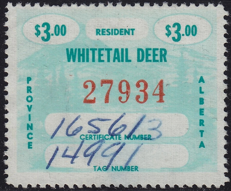 Alberta Wildlife Certificate stamp 1965 White-tailed Deer hunting $3 VanDam AW18 - Image 1 of 1