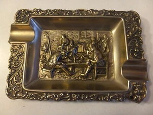 VINTAGE Pressed Tin Metal Ashtray Folk Art Colonial Tavern Scene 2 Port 3x5 - Picture 1 of 3