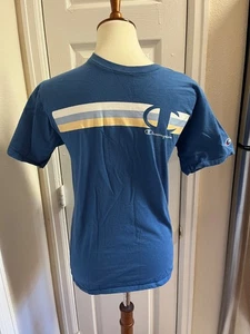 Vintage 80er Champion bestickt Spruch blau gestreift T-Shirt Herren Größe S - Bild 1 von 6