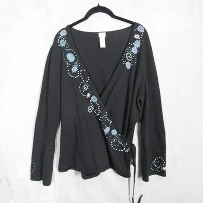 Suéter Top Jill Negro Envolvente XL Bordado Floral Cuentas Manga Larga Tejido Foto 1 de 4