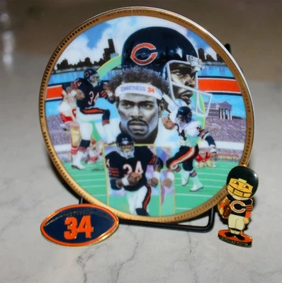 Lote 3 NFL Walter Payton Chicago Bears Bobblehead Pin Placa Salón de la fama Foto 1 de 4