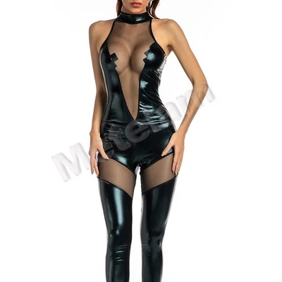 Women's Faux Leather Shiny Catsuit Bodysuit Sleeveless Romper Jumpsuit Nightclub - image 1 of 4