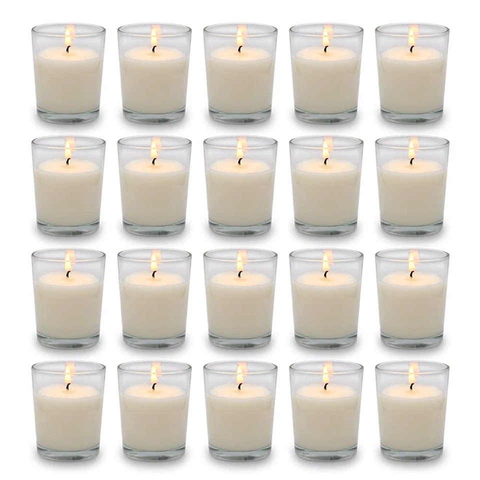 Set of 20 White Votive Candles Clear Glass Filled Unscented Soy Wax Candle fo... - Image 1 of 4