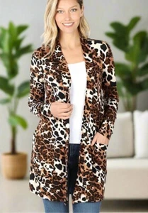 NEW Women S Cheetah Leopard Jaguar Cardigan Duster Animal Print Blazer - Picture 1 of 5