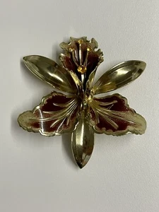 Gold & Burgundy Tone Orchid - Brooch Enamel & Metal - 6x7cm - Vintage Style - Picture 1 of 3