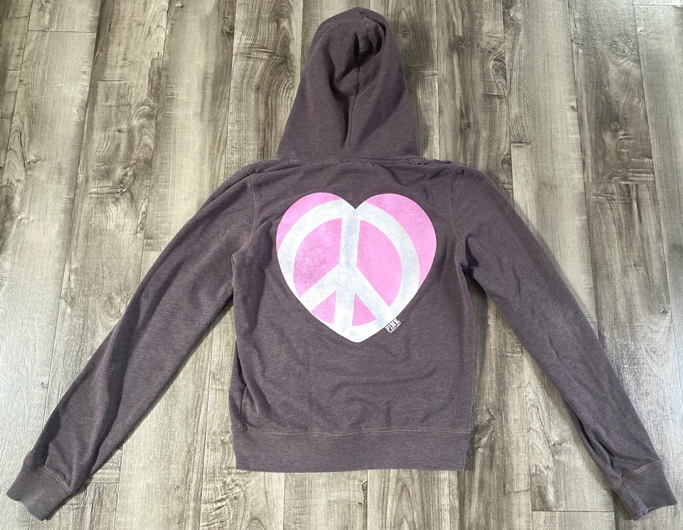 Victorias Secret PINK Peace Heart Hoodie Full Zip Brown sz Large - Image 1 of 4