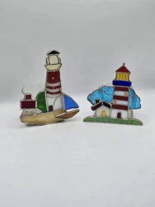 Vtg Stained Glass Lighthouse  Sailboat Metal Nautical Tealight Candle Holder  - Picture 1 of 8