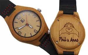 Orologio in legno inciso personalizzato opzione incisione personalizzata pelle di lusso - Foto 1 di 3