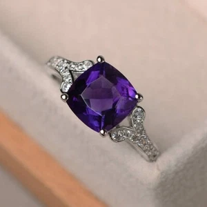 2.95 Ct Cushion Cut Natural Amethyst & Diamond Wedding Ring Real 14K White Gold - Picture 1 of 6