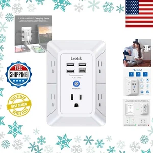 Multi Plug Outlet -  5 Outlet Extender  2 USB Ports,1 USB-C , Touch Night Light - Picture 1 of 10