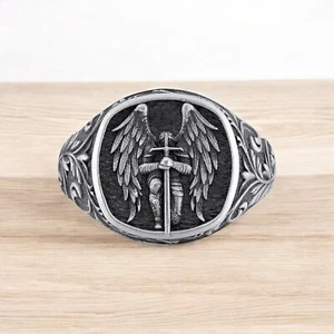 Saint Michael Archangel with Wing Zodiac Men's Ring 925 Handmade Sterling Sliver - Picture 1 of 6
